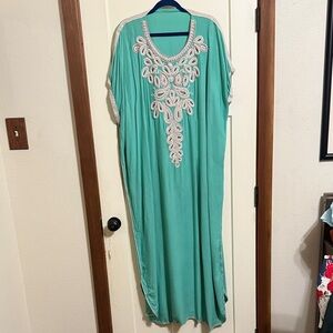 Teal Kaftan with White Embroidery and Pearls
